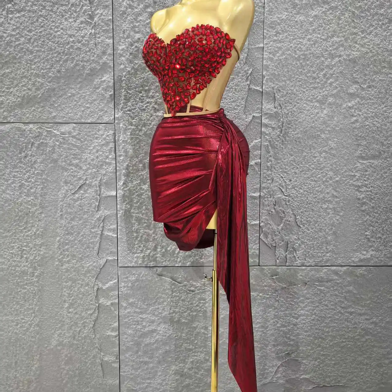 Shinning Red Crystal Women Sexy Strapless 2 Pieces Bodycon Mini Dress Nightclub Party Celebrate Birthday Photo Shoot Wear