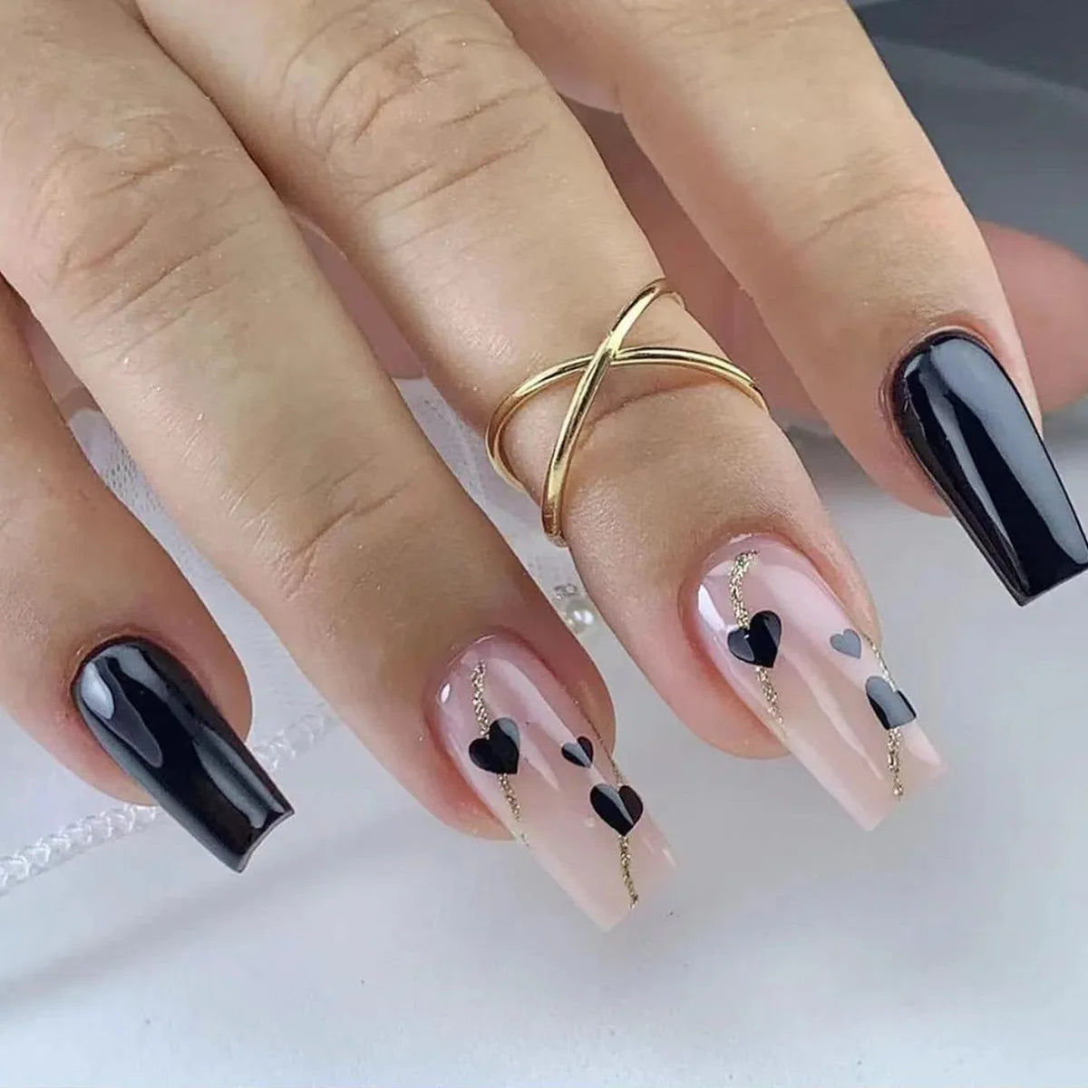 Black Long Coffin Fake Nails Square Head Press on Nails Love Heart Printed Women Girls Valentine's Day Wearable False Nail 24Pcs