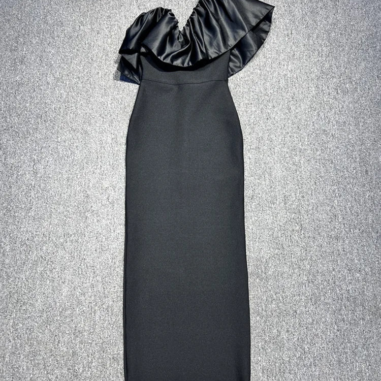 Women Sexy One Shoulder Ruffles Black Maxi Long Bodycon Bandage Dress 2024 Elegant Evening Club Party Dress