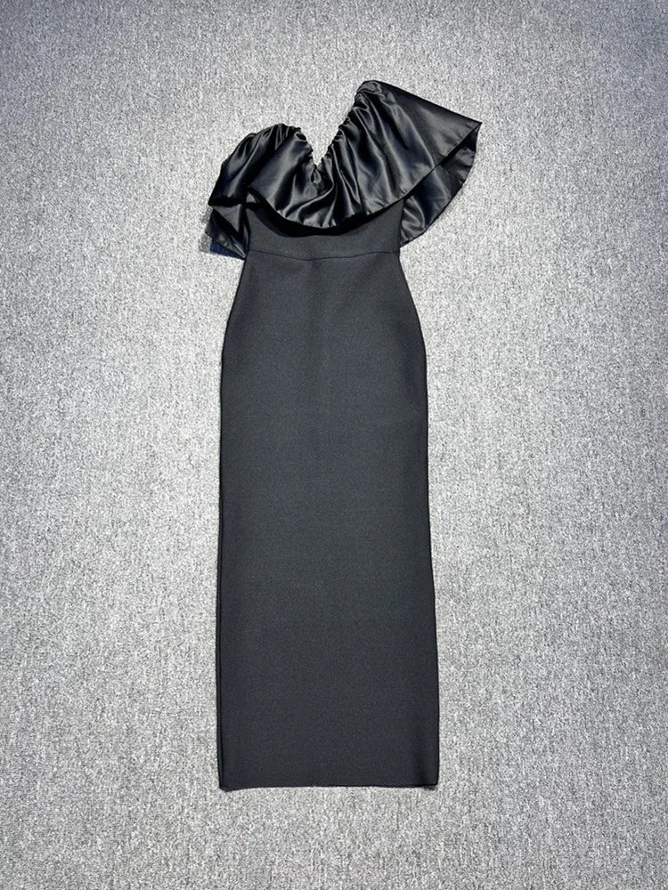 Women Sexy One Shoulder Ruffles Black Maxi Long Bodycon Bandage Dress 2024 Elegant Evening Club Party Dress