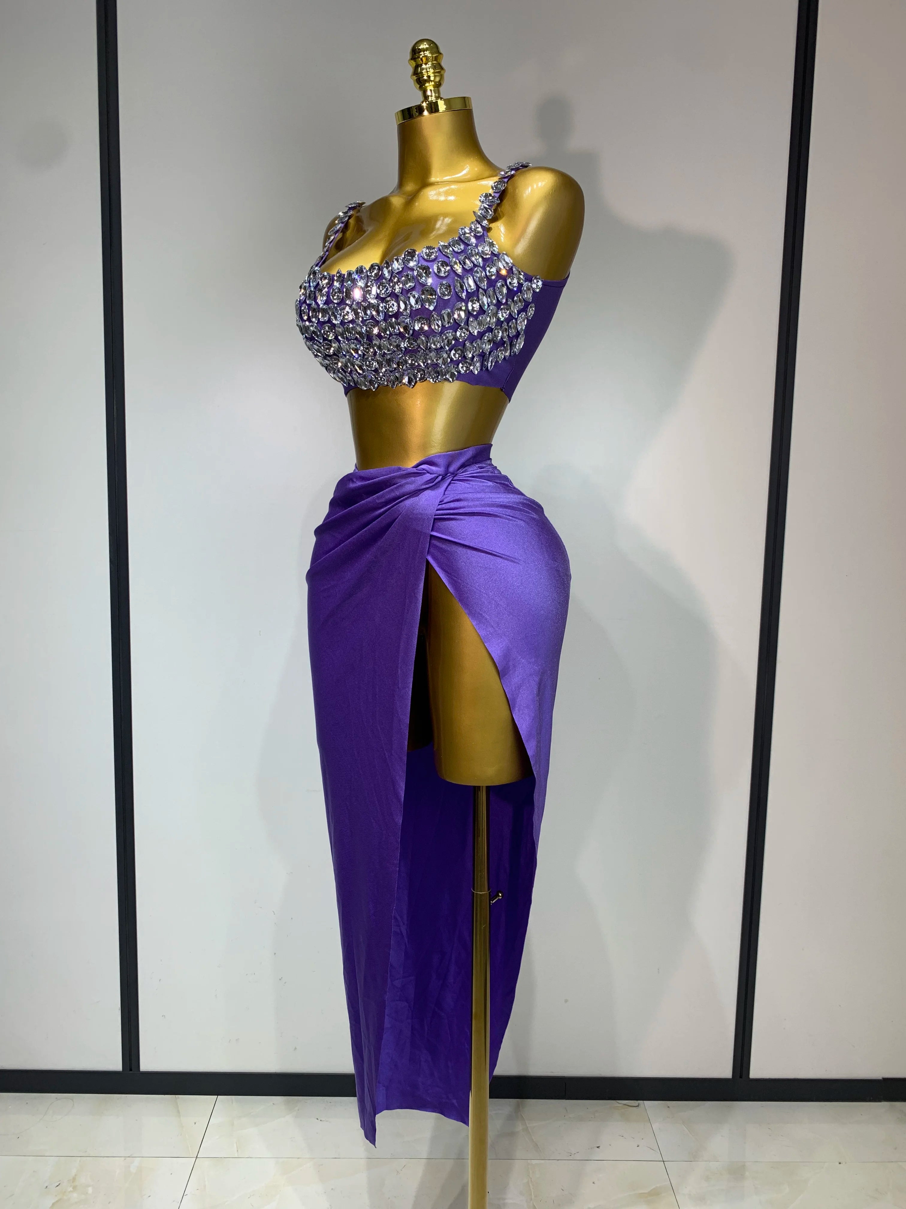 Ensemble deux pièces sexy pour femme, avec cristaux étirés et diamants, pour boîte de nuit, chanteuse, danseuse, spectacle sur scène, soirée, jupe