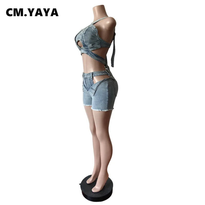 CM.YAYA Fashion Denim Cutout Women's Set Wrap Strap Crop Top and Shorts Jeans 2025 Summer Two 2 Piece Sets Outfits Tracksuit