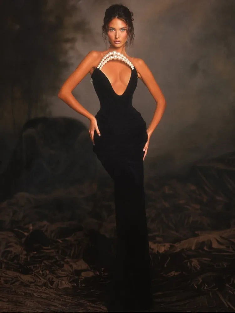 Women Celebrity Sexy Strapless Backless Pearl Black Maxi Long Bodycon Bandage Dress 2025 Elegant Evening Club Party Outfit
