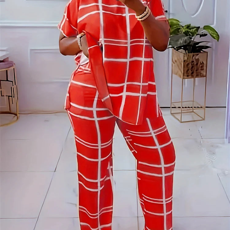 Wmstar Plus Size Two Piece Outfits Women Loose Striped Short Sleeve Top Wide Leg Pants Set Tracksuits Wholesale Dropshipping