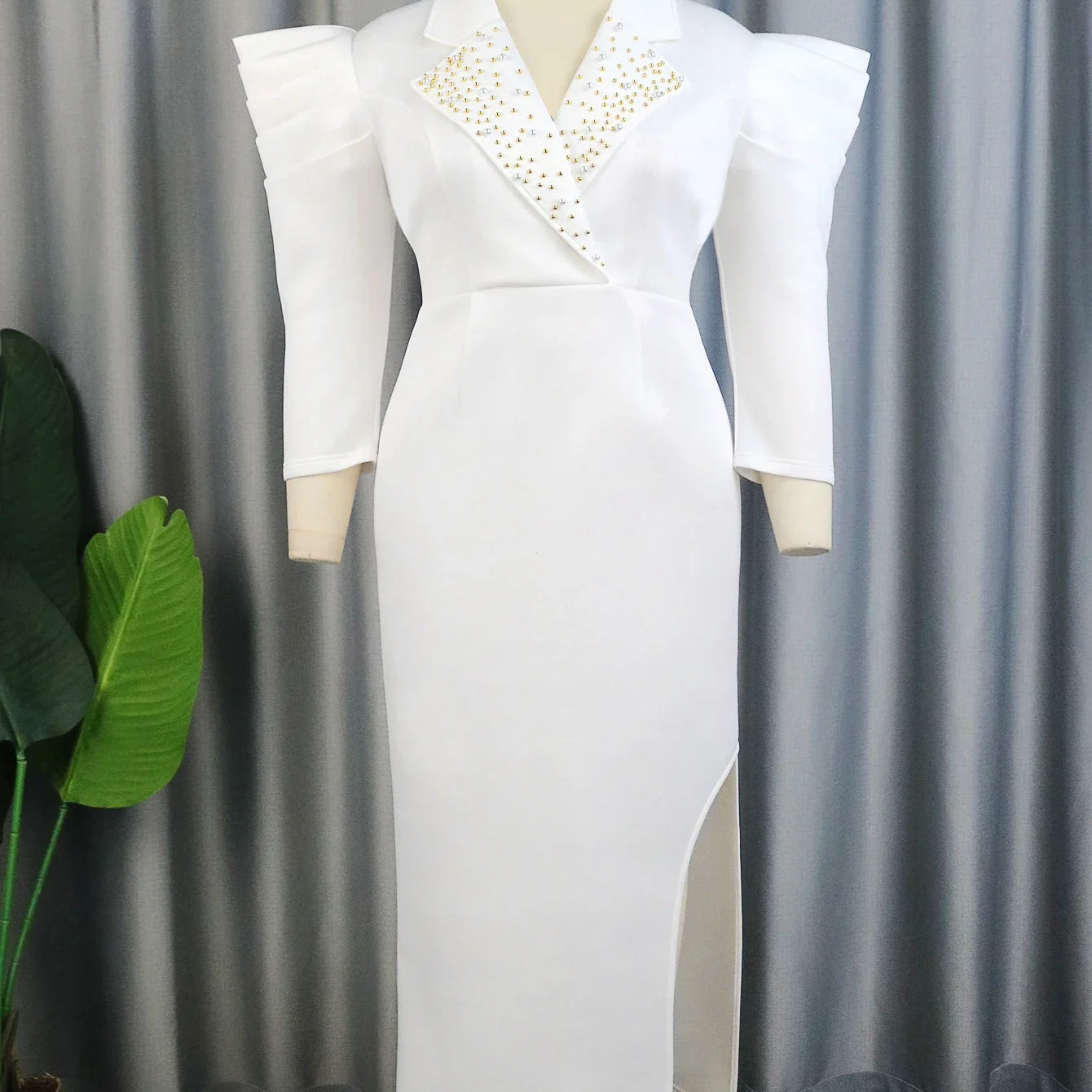 Elegant White Dress Women Small Bead Turndown Collar Fall Winter Slit Slim Long Office Lady Work Wear Vestidos Plus Size