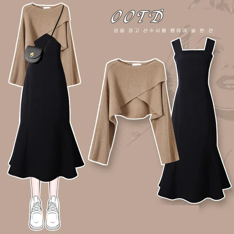 Women's Fashion Dress Matching Set Autumn Winter New Chic Knitted Sweater Sling Skirt Two Piece Korean Elegant Clothes Suit Set 06