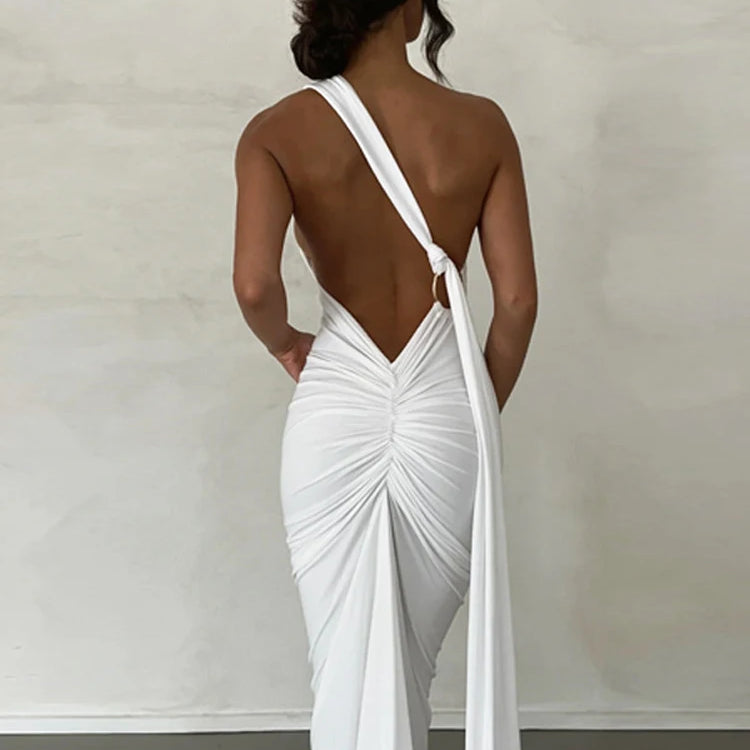 Ladies Night Club Wear Neon Y2K Summer Outfits Women Sleeveless Backless Halter Ruched Bodycon Evening Maxi Dress Birthday Party WHITE