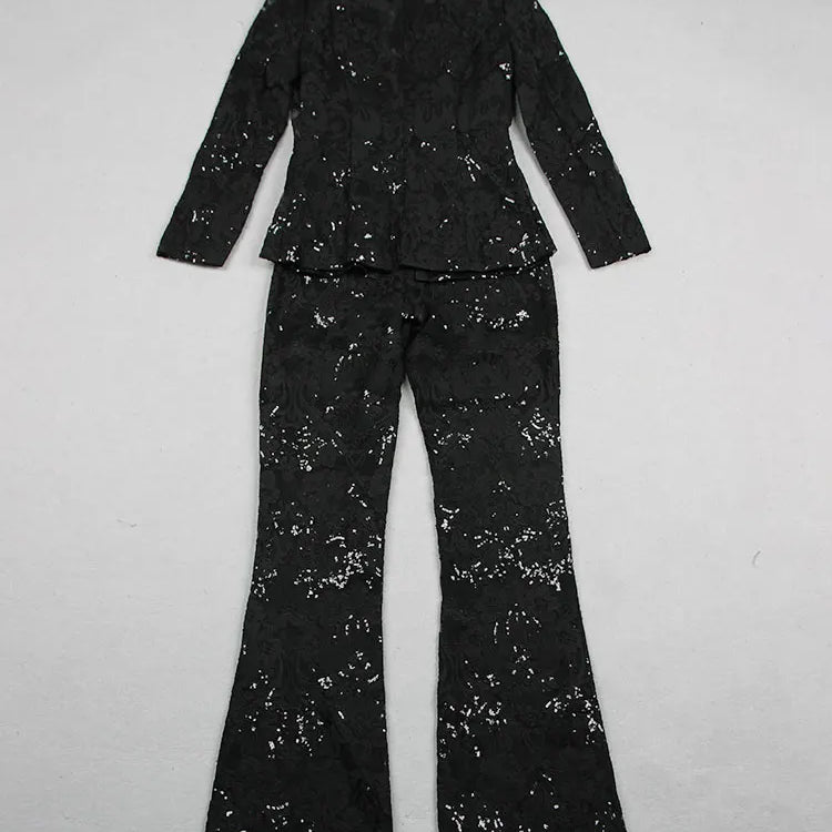 Sexy Autumn Women's Sequin Perspective Suit Pants Set with Polo Collar Long Sleeve Slim Fit Suit Coat+Flare Pants Two Piece Set