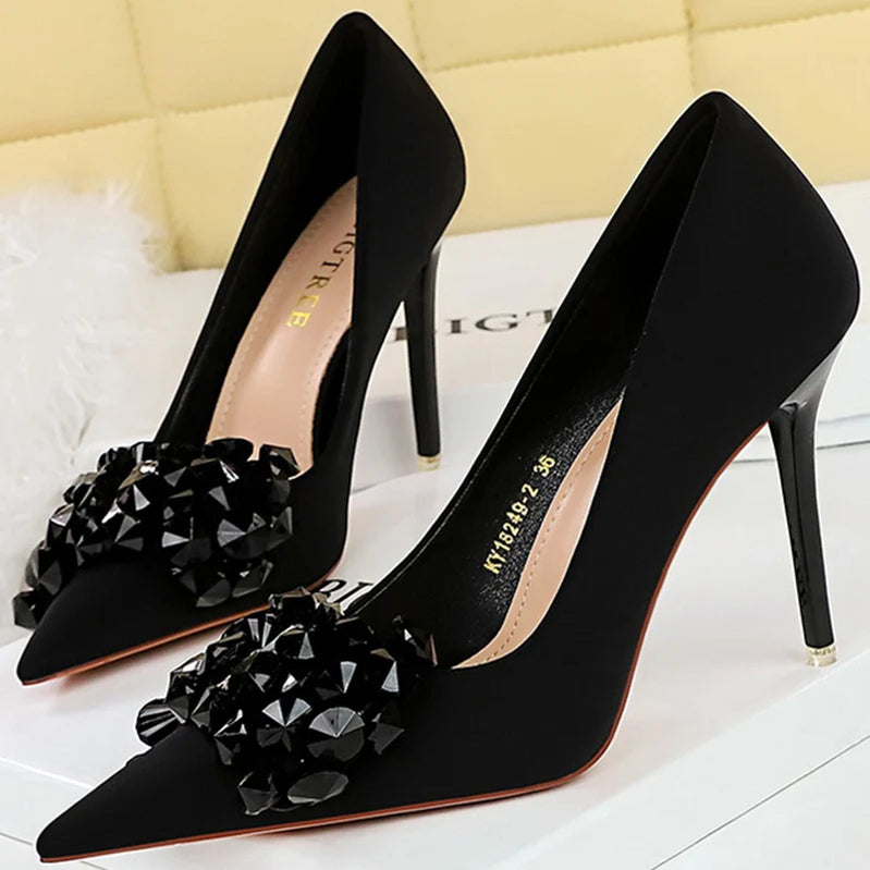 Women 7.5cm 10.5cm High Heels Luxury Pumps Lady Silk Shallow Pointed Toe Rhinestone Crystal Bling Buckle Low Heels Green Shoes Black 10.5cm