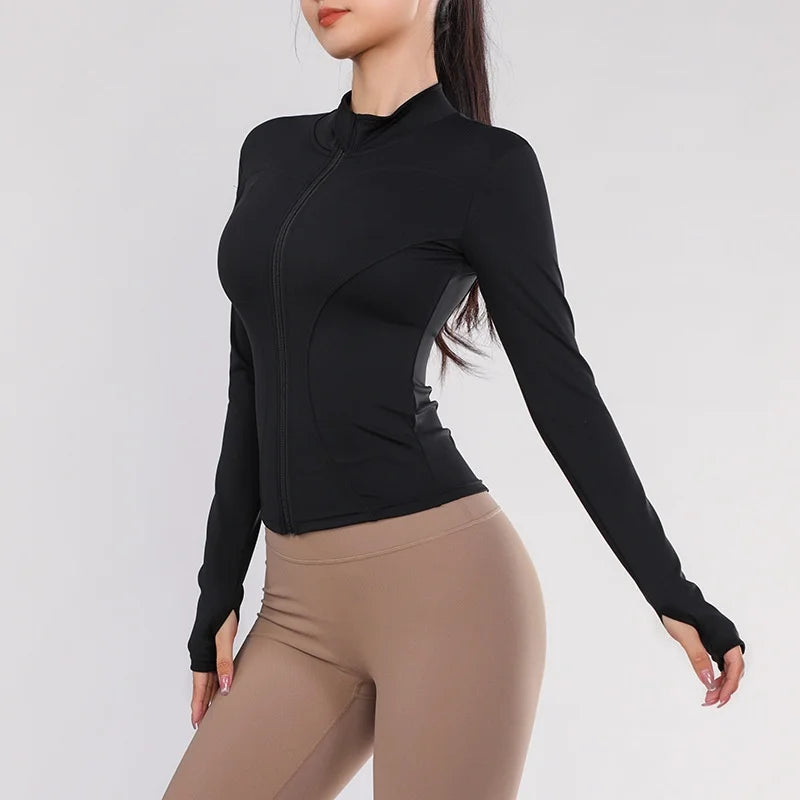Women Gym Wear Solid Color Quick Drying Yoga Wear High Elasticity Fitness Jacket Ventilated Long Sports Shirt Women's Tracksuit black gym jacket CHINA
