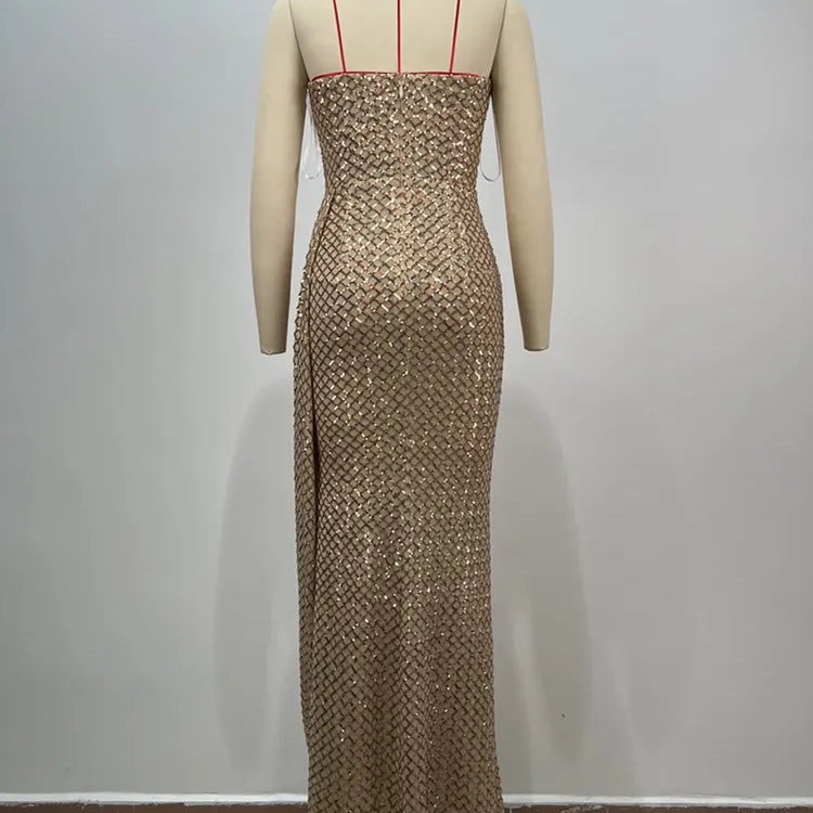 Women Celebrity Sexy Strapless Sequins Gold Crystal Split Maxi Long Gowns Dress 2024 Elegant Evening Party Club Vestido