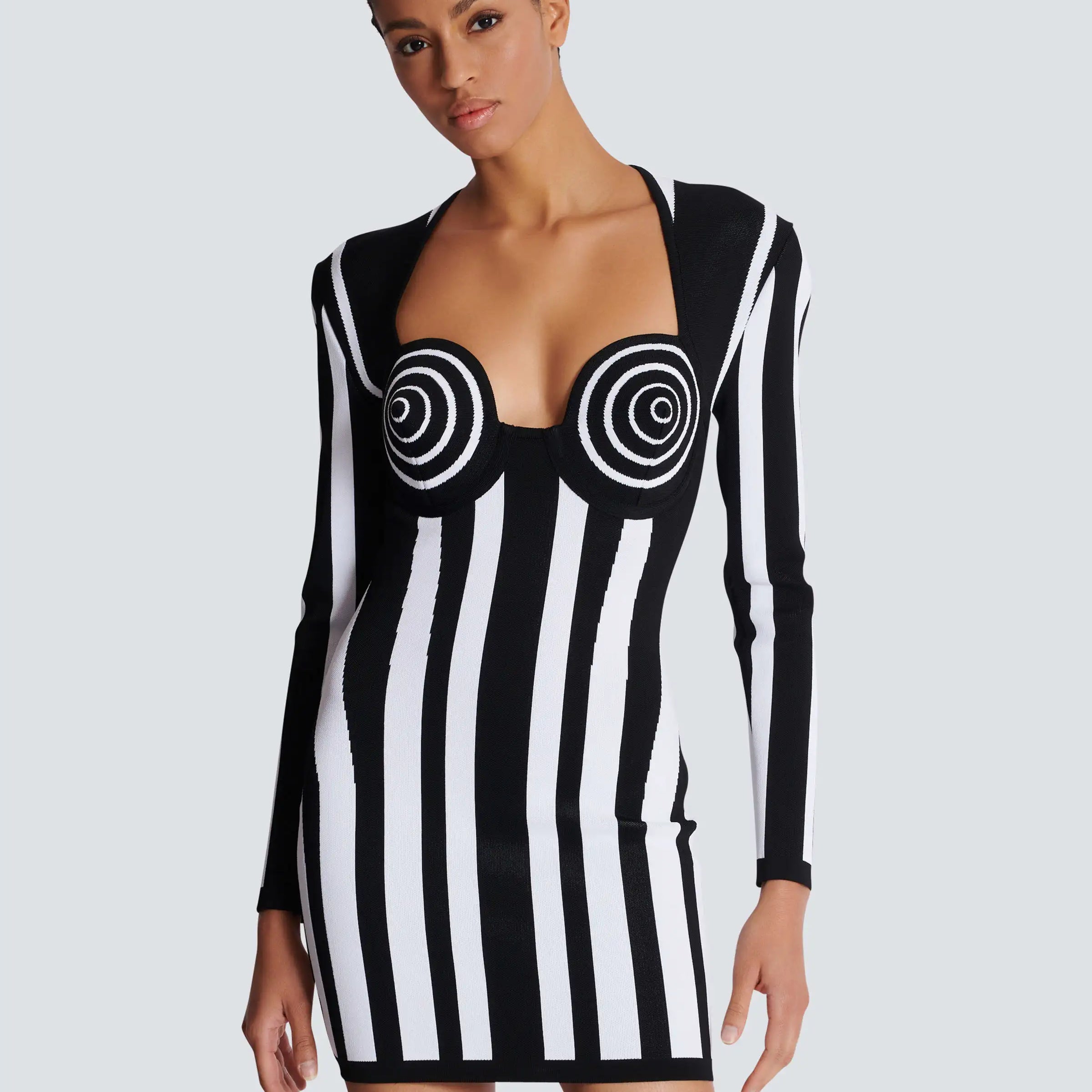 High Quality New Arrival Women Long Sleeve Sexy Square Collar Bodycon Mini Bandage Dress Striped Elegant Evening Party Dress