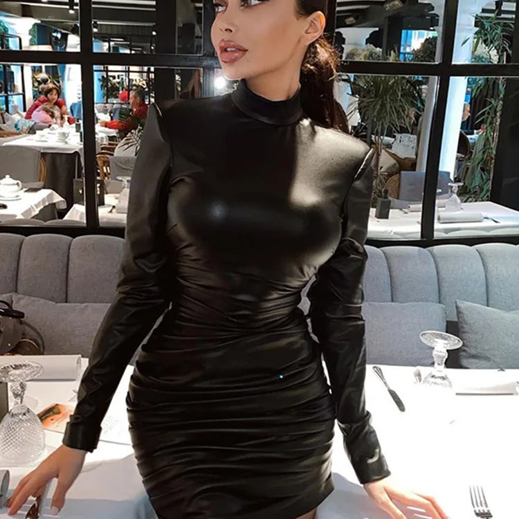 Hugcitar Pu Leather Black Draped Elegant Sexy Bodycon Skinny Mini Dress 2023 Fall Winter Women Outfits Birthday Party Festival