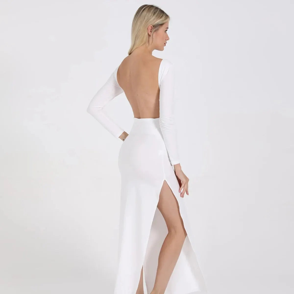 Sexy Women's Backless Round Neck Long Sleeve Tight Split Dress Spring/Summer Evening Party 2024 New Edition