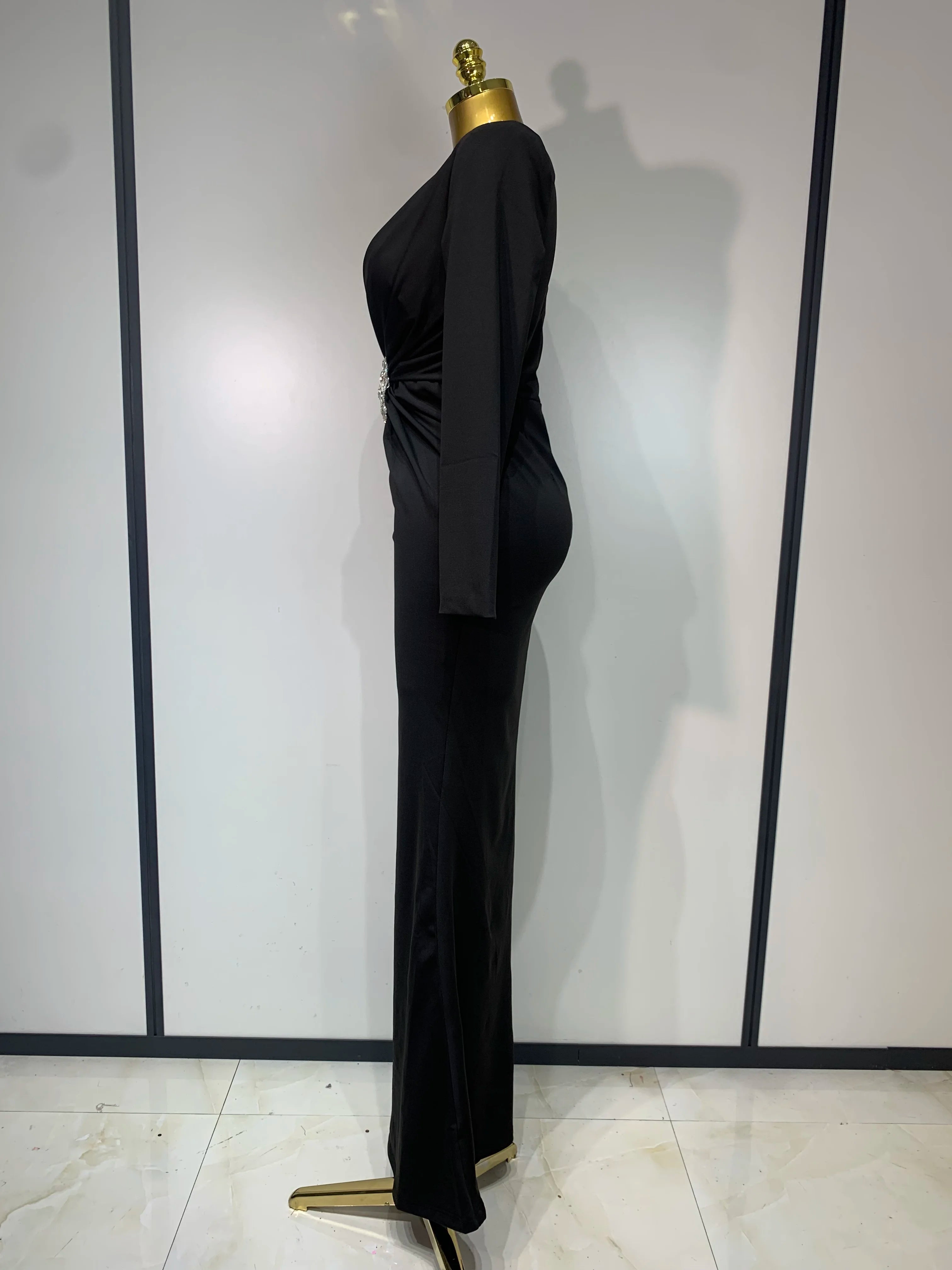 Vestido longo justo com diamante preto, feminino, sexy, decote em V profundo, mangas compridas, para festa de passarela, 2025, elegante, vestido de festa à noite