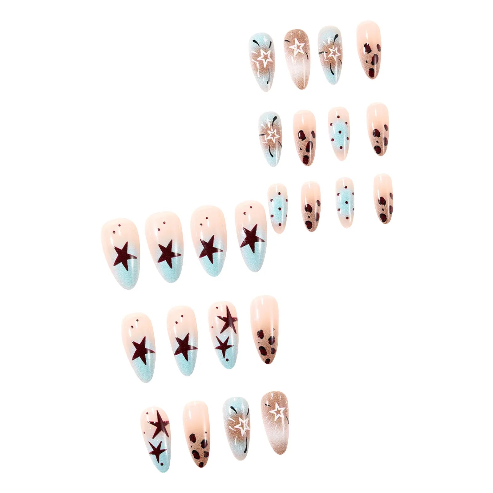 24Pcs Almond Fake Nails with Leopard Printed Y2K Girls Charm Manicure Gradient Color Press On Nails Star/Dot Designs Nails Art