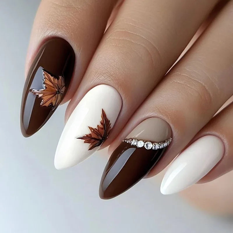24Pcs Brown Maple Leaves Design Press on False Nails Long Almond Nails Set with Diamond Detachable Retro Fake Nail Tip for Women