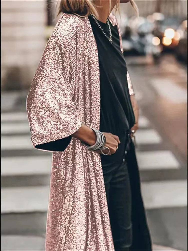 Fashion Sequins Jacket for Women Fall Winter Oversized Casual Party Coats Ladies Chic Long Sleeve Y2k Coats E