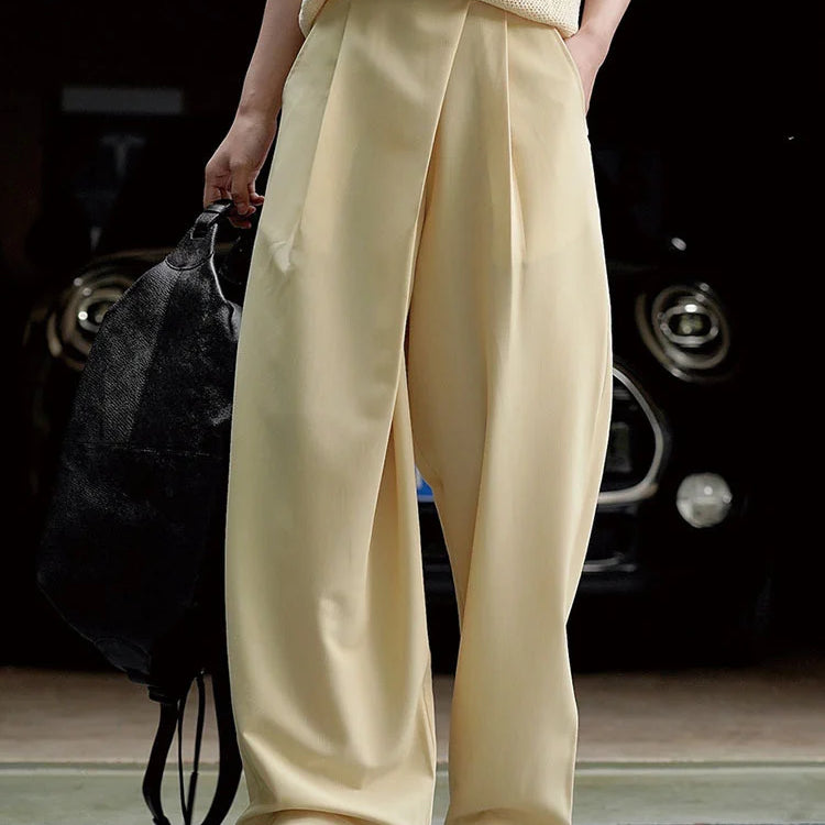 [LANMREM] Minimalism Irregular Pleated Pants Women Solid Straight Wide Leg Pants Korean Style Clothing Spring New 26D2368