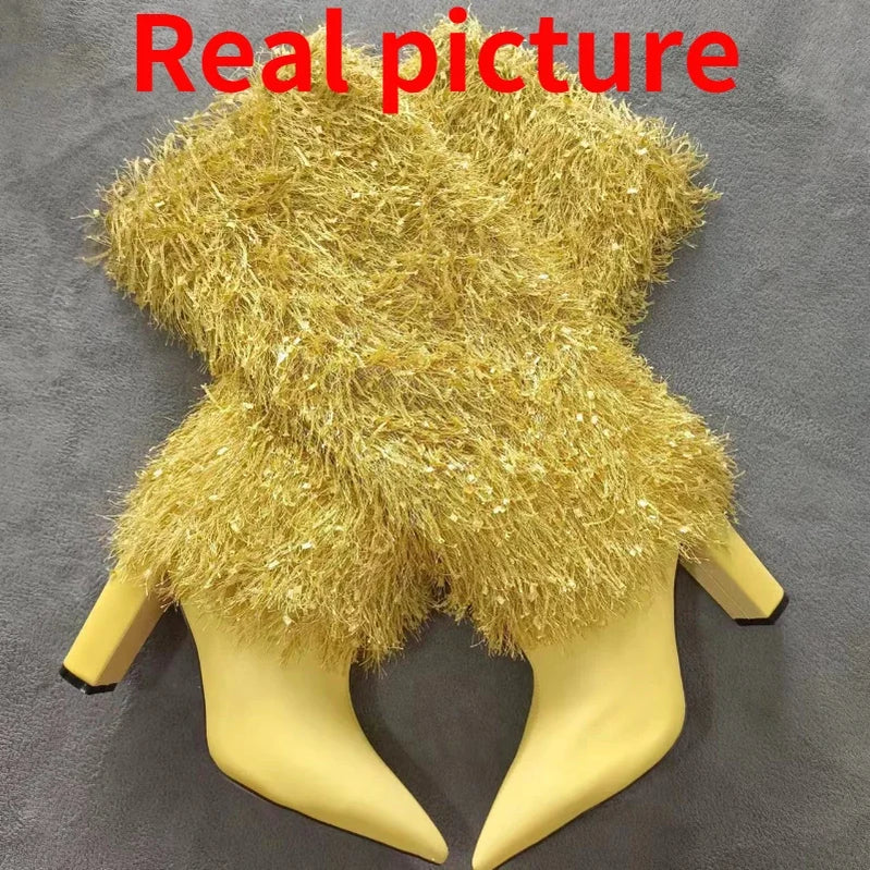 Winter High Heels Tassel Pants Boots for Women Sexy Pointed Toe Denim Knee High Boots Big Size Shoes 42 43 45