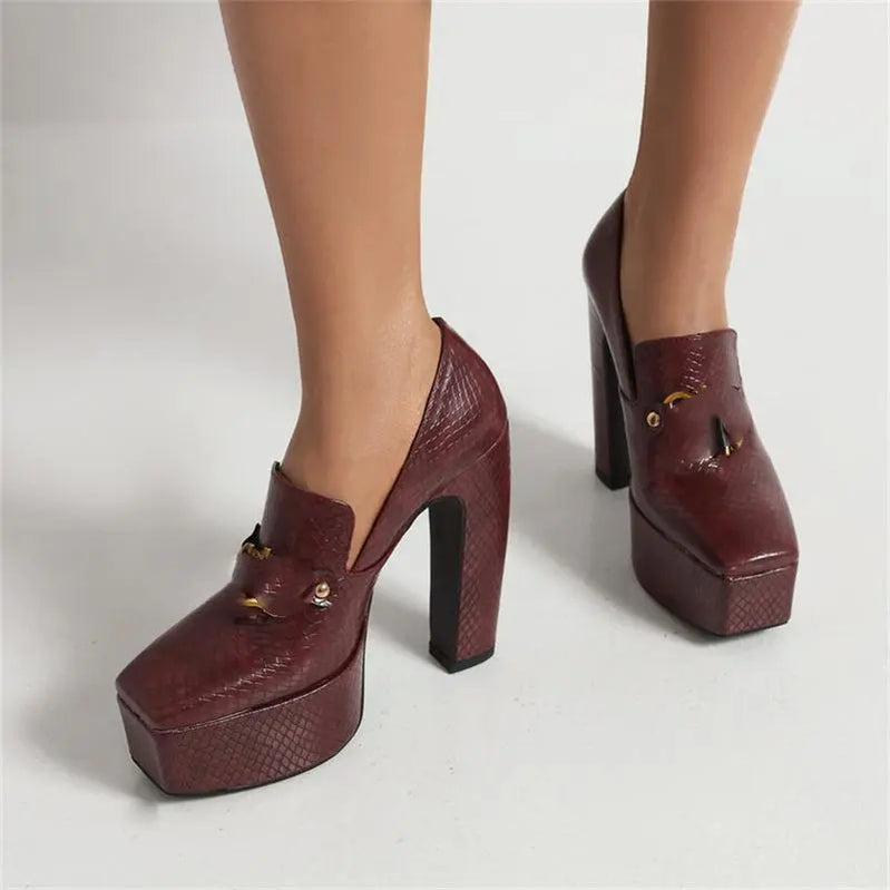 Super High Heel Women Shoes 2024 Spring Autumn Platform Square Head Metal Fastener Party Office Shoes Size 43 brown