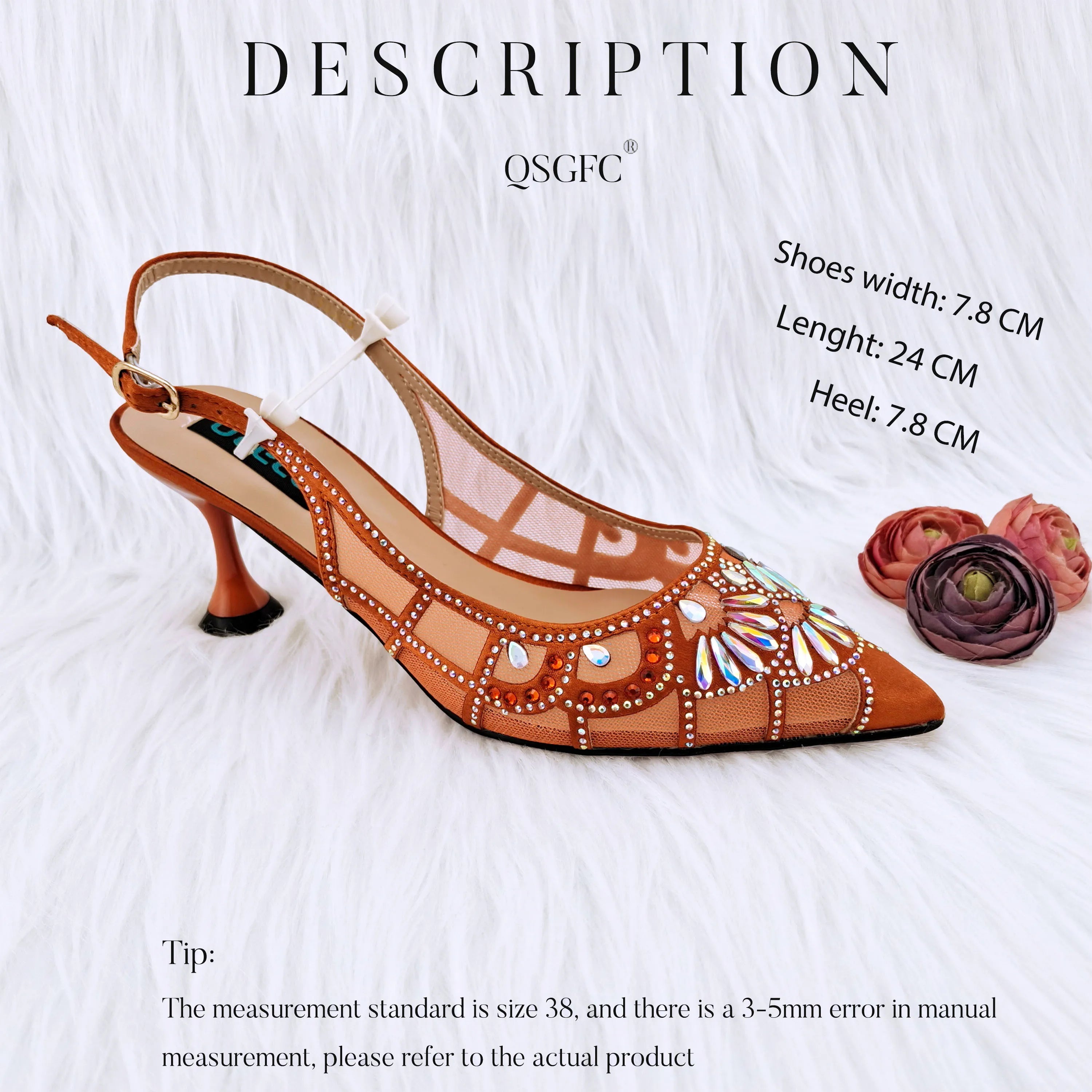 QSGFC Newest Fashion Royal Blue Color Sweet Style Party Wedding Ladies Shoes and Bag Decorated With Rhinestone Pair Of Shoes Orange