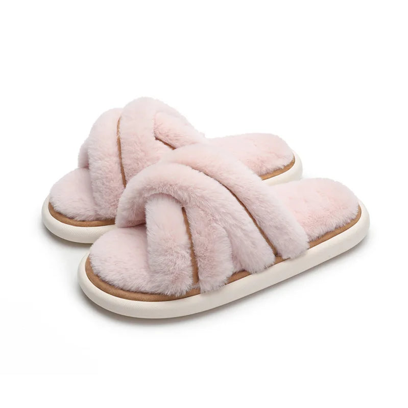 Winter Women Home Indoor Casual Slippers Female Flip Flops Fluffy Shoes Cross Design Slides Ladies Soft Warm Plush Slipper Pink