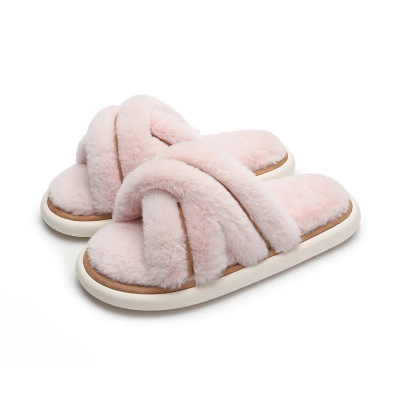 Winter Women Home Indoor Casual Slippers Female Flip Flops Fluffy Shoes Cross Design Slides Ladies Soft Warm Plush Slipper Pink