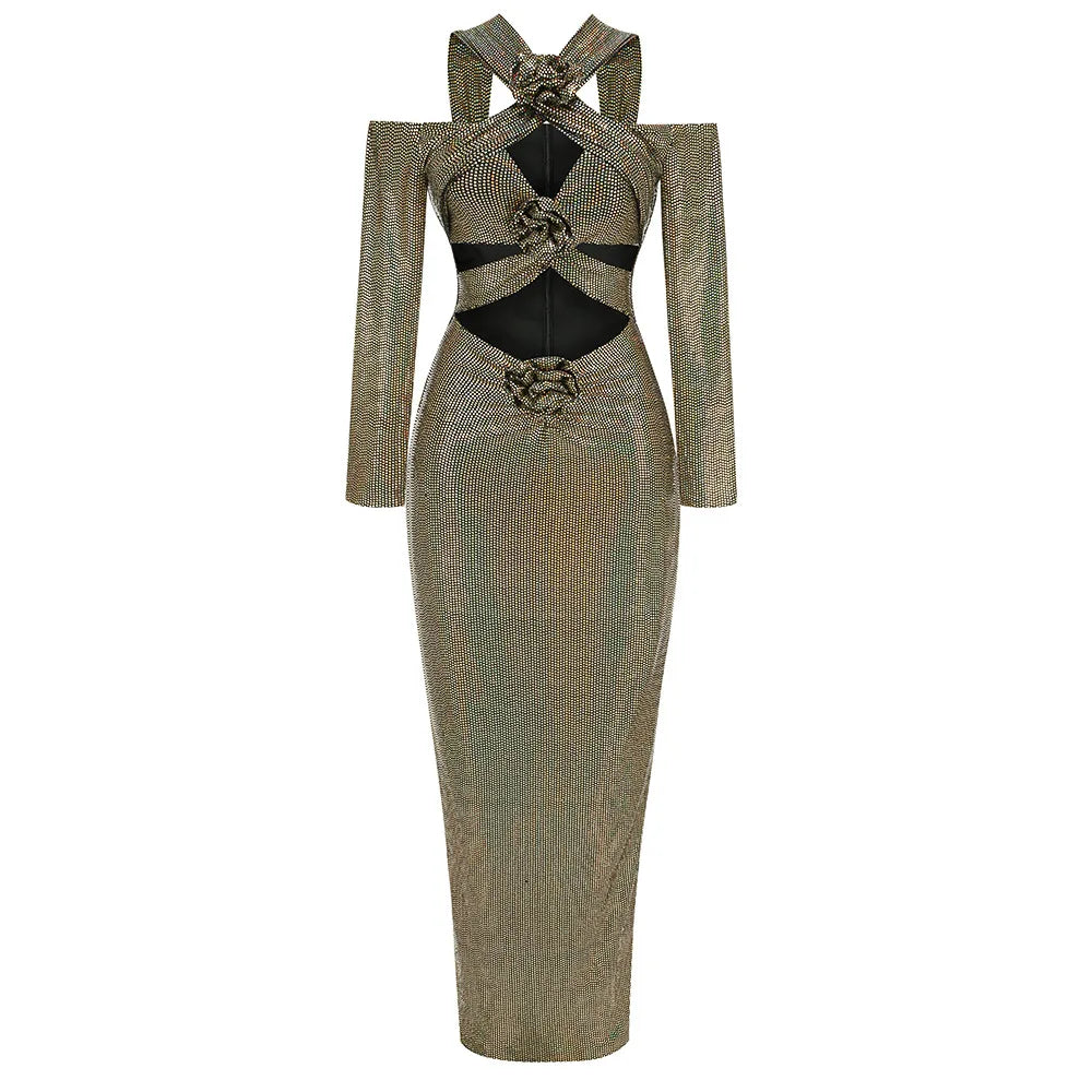 Rosered Color Women Long Sleeve Sexy Keyholes Shinning Sequins Bodycon Long Dress Evening Party Celebrate Cocktail Dress