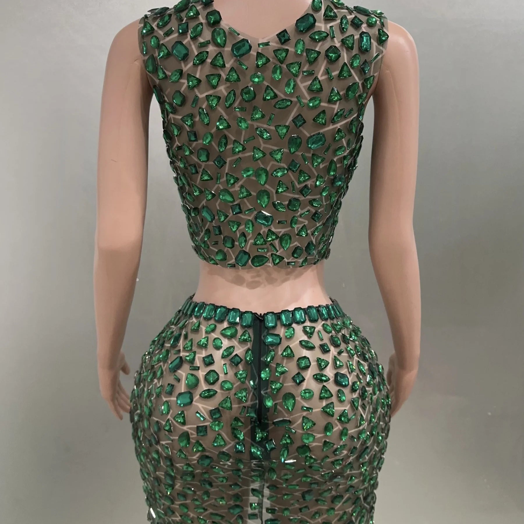 Vestido feminino sexy de cristal grande, 2 peças, malha transparente, mini vestido justo, fantasia de performance, comemoração, vestido de festa de aniversário