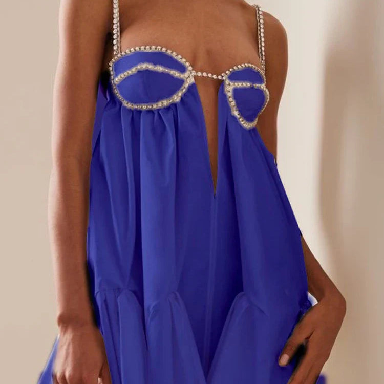 DEAT New Trendy Women's Diamonds Chain Pleated Sling Dress Spring Fashion Off-shoulder Sleeveless Dresses Female 33A1209