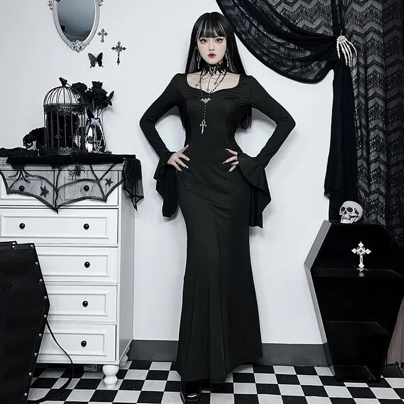 Halloween Cos Morticia Elegant Gothic Dress for Women Adams Family Inspired Wednesday Slim Summer Mermaid