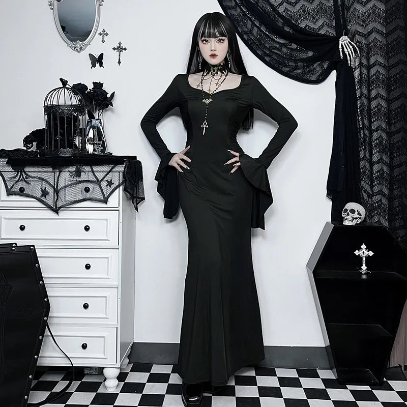 Halloween Cos Morticia Elegant Gothic Dress for Women Adams Family Inspired Wednesday Slim Summer Mermaid