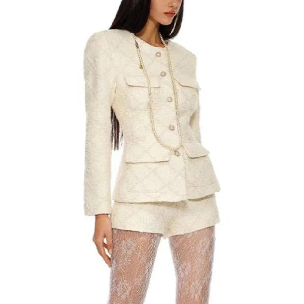 Solid Temperament Two Piece Sets For Women O Neck Long Sleeve Coat High Waist Shorts Elegant Set Female Fashion New