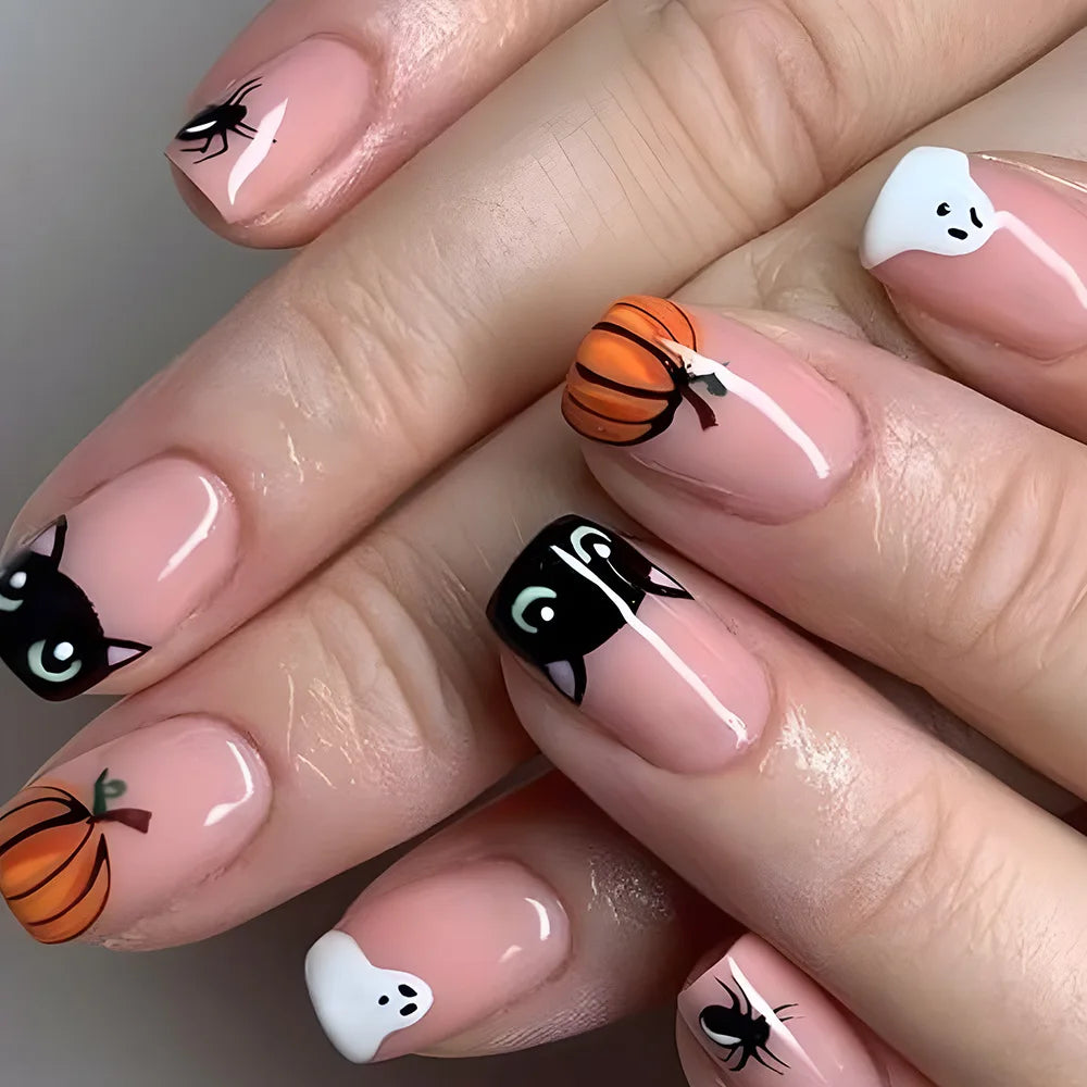 24Pcs Glossy Short Square Fall Fake Nails Full Cover Pumpkin Cute Ghost Flower Pattern Stick on Nails Halloween Nail Art Fashion