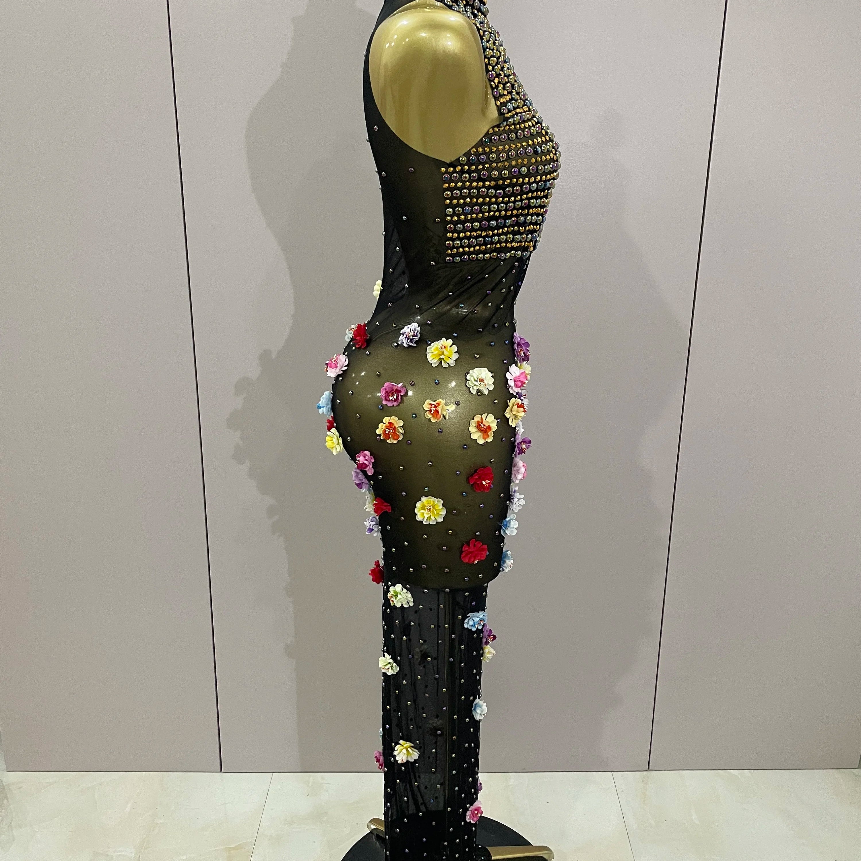 Sparkly Rhinestones Flowers Sexy See Through Long Dress 2025Women Birthday Celebrate Wedding Evening Prom Dress Photo Shoot Wear