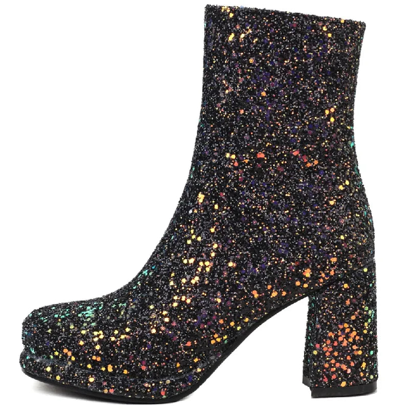 Luxury Sequined Women Ankle Boots Gold Silver Block klackar Kort stövel Kvinnlig blixtlås Autumn Winter Party Shoes Lady Storlek