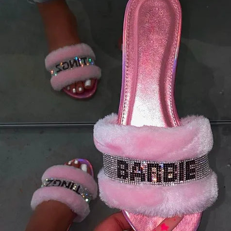 Sandals Female Europe Flat Fur Slides Shinny Diamond Slippers Wild Fashion Home Soft Flip-flops Shoes for Women Slide Pink