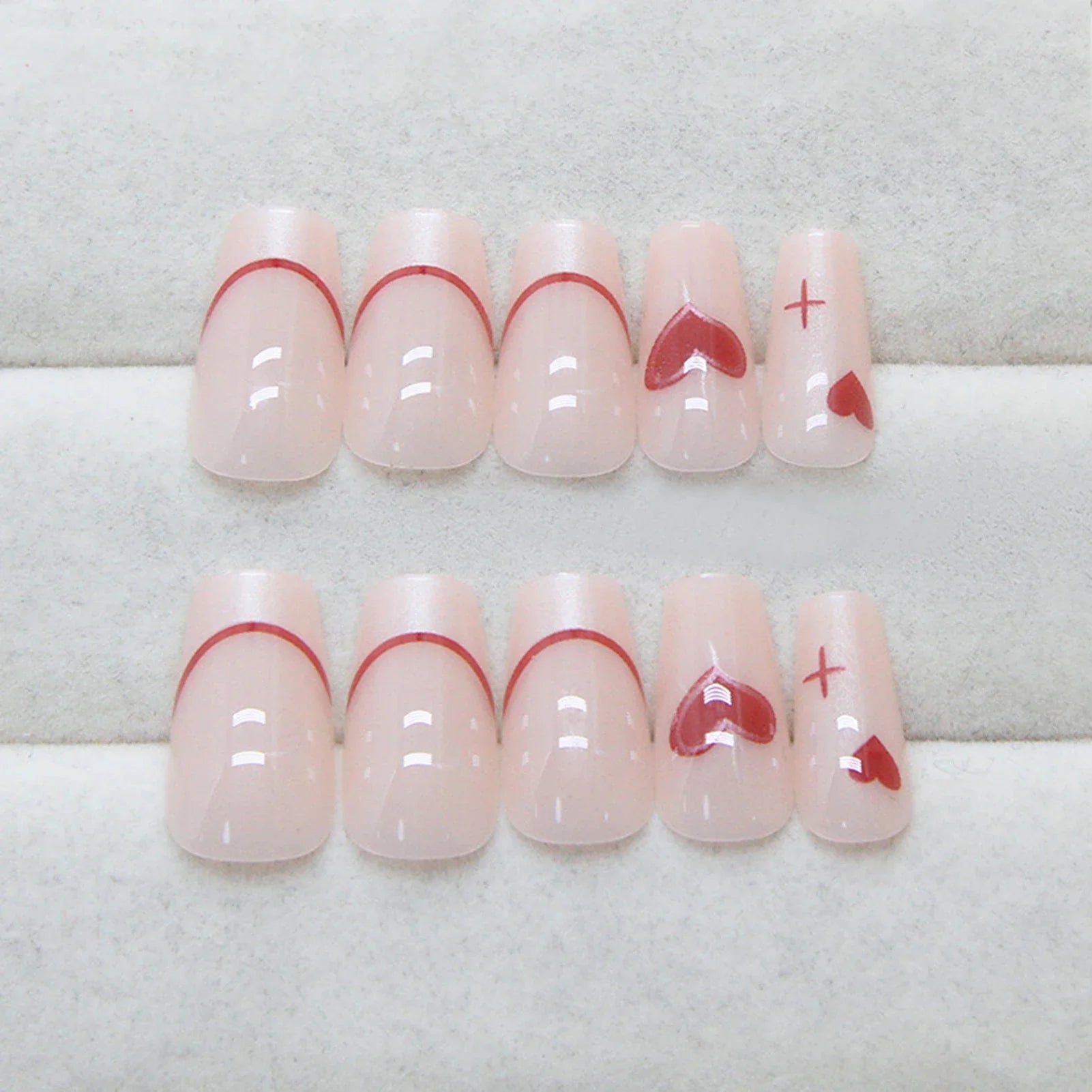 Nude Color Ballet Fake Nails 24Pcs French Press On Nails Love Heart Printed Ballerina Wearable False Nails Valentine's Day Use