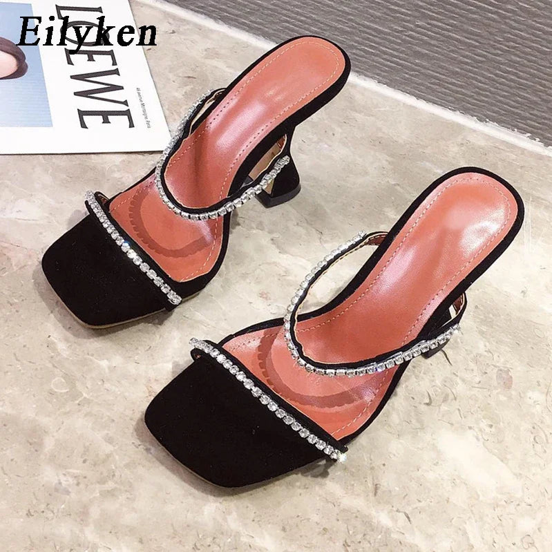 Fashion Rhinestone Chain Women Slippers Sandals Strange Cup Heels Sexy Leopard Print Square Toe Ladies Dress Shoes Black