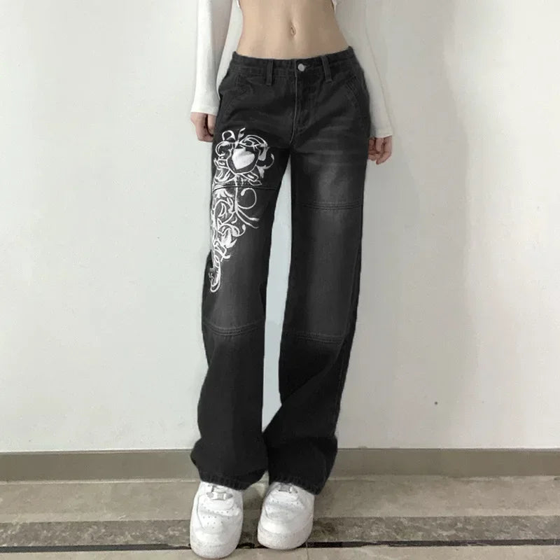 High Waist Streetwear 90S Baggy Jeans Y2K Solid Color Women Pants Straight Wide Leg Jeans Harajuku Printed Cargo Jeans black