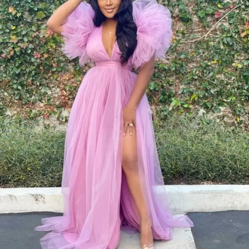 CM.YAYA Women Cascading Ruffles Shoulder High Side Split Mesh Patchwork Maxi Long Dress 2023 sexy even Party Vestidos Dresses