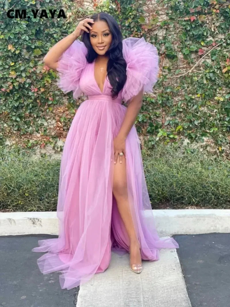 CM.YAYA Women Cascading Ruffles Shoulder High Side Split Mesh Patchwork Maxi Long Dress 2023 sexy even Party Vestidos Dresses