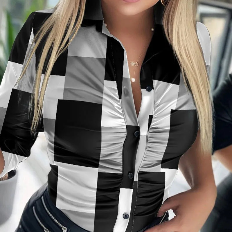 Women Solid Pu Leather Blouses 2023 New Spring Autumn Turn-Down Collar Button Shirts Ladies Casual Ruched Long Sleeve Blouse