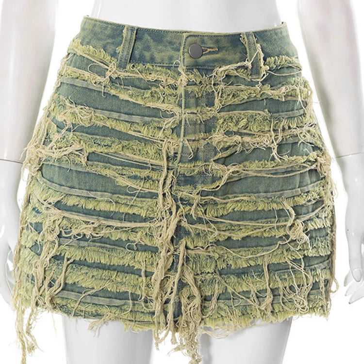 Women's Denim Skirt Do Old Solid Color Burrs Tassel Slim High Waist Short A-line Mini Skirt Autumn Fashion