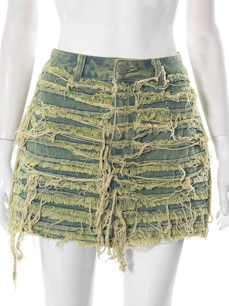 Women's Denim Skirt Do Old Solid Color Burrs Tassel Slim High Waist Short A-line Mini Skirt Autumn Fashion