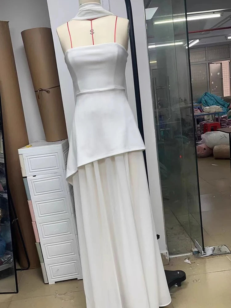 Elegant Strapless Sexy Maxi Dress For Women Gown With Scarf Off-shoulder Sleeveless Backless Split Beach Long Dress