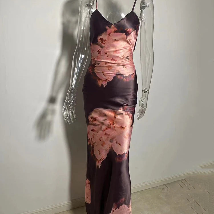 Satin Floral Print Sexy Maxi Dress Women Gown Elegant Spaghetti Strap Sleeveless Backless Bodycon Evening Club Dress