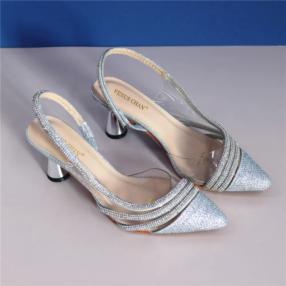 Italian Shoes Women Luxury Rhinestone Crystal Pumps Fashion Slippers Sandals Party High Heels Wedding Shoes Bride Silver