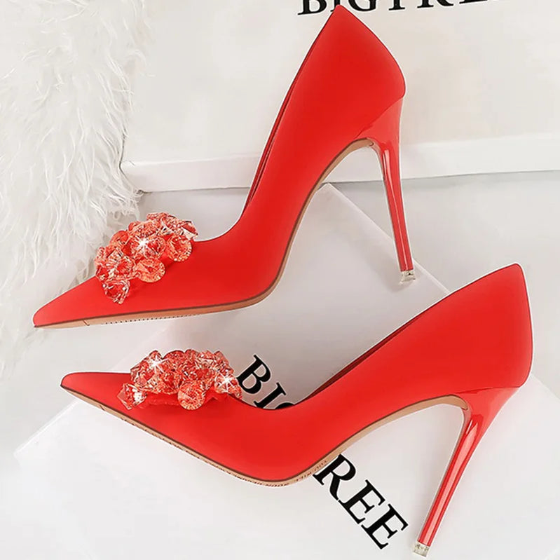 Women 7.5cm 10.5cm High Heels Luxury Pumps Lady Silk Shallow Pointed Toe Rhinestone Crystal Bling Buckle Low Heels Green Shoes